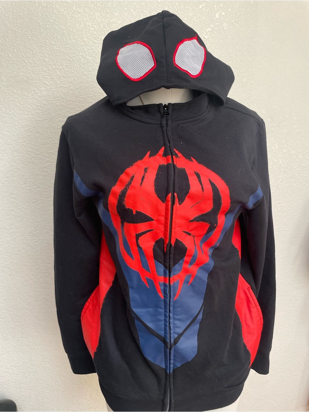 Spiderman Black, Red & Blue Zip-Up Hoodie with Character Hood